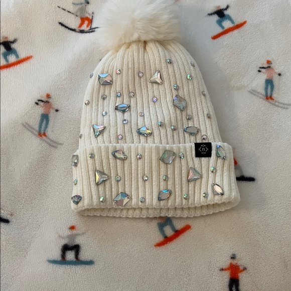 White Knit Beanie with Pom and Crystal Accents main image 4